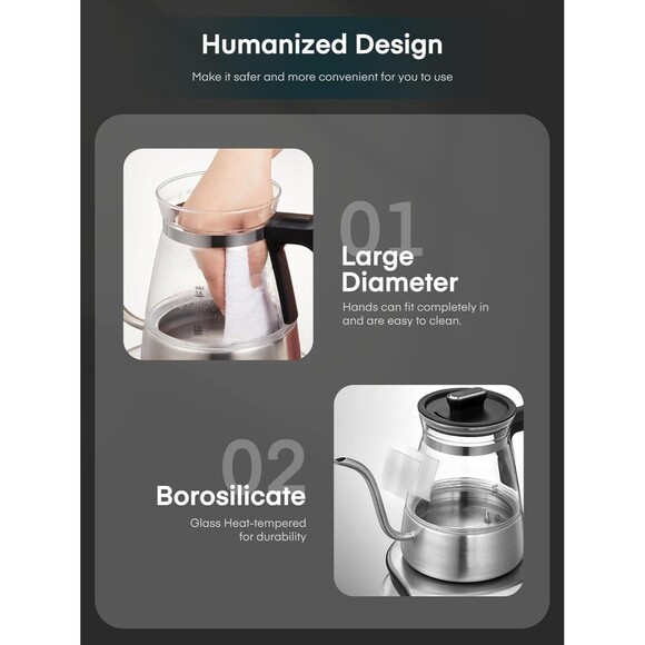 Electric Gooseneck Kettle, Glass Electric Tea Kettle with 4 Temperature Control - Picture 5 of 8